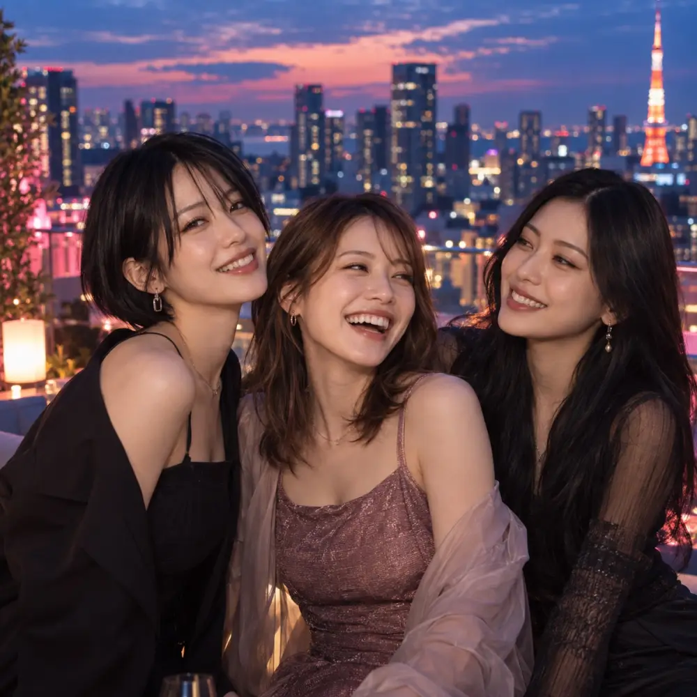 夜景の見える屋上で笑い合う3人（AIが生成した架空の人物）